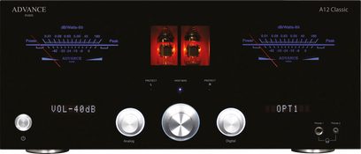 Wzmacniacz hi-fi stereo Advance Paris A12 Classic, czarna obudowa z podświetlanymi na czerwono analogowymi wskaźnikami poziomu, metaliczne srebrne gałki i gniazda