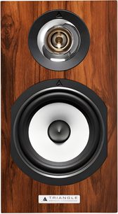 Triangle Titus EZ series bookshelf speaker in brown teak wood veneer, front view, featuring a circular tweeter with a silver waveguide and a mid-bass driver with a white cone surrounded by black