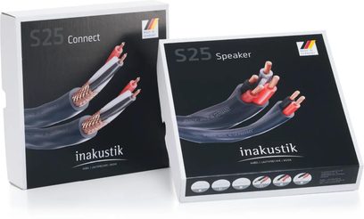 Hvide papkasser med sort front til Inakustik S25 Connect og S25 Speaker højtalerkabler vist i trekvartsvinkel, der illustrerer kabler med mørkegrå plastikbeklædning, kobberledere med tvundet ledning og røde stik