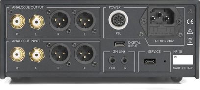Højkvalitets hovedtelefonforforstærker HP-10 BT sort, bagside, analoge RCA- og XLR-stik, digital USB-C-indgang, PSU-port