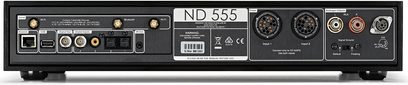 Naim Audio ND 555 sort netværksaudioafspiller, frontvisning, stik og betjeningselementer på forsiden