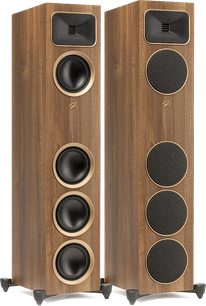 Reproduktory MartinLogan Foundation F2 v ořechovém provedení, pohled zepředu, 4 černé kulaté reproduktory na světlé dřevěné přední straně