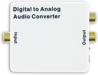Digital-til-analog-audio-konverter Connect Research CNA5432 i hvid med to forgyldte RCA-stik i hver ende