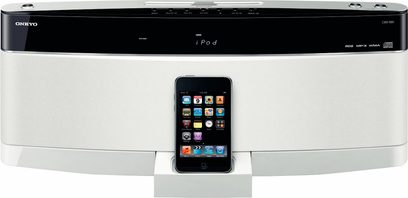 Onkyo CBX-500 bílý, dokovací stanice pro iPod, pohled zepředu, s vloženým iPodem a rozsvíceným displejem