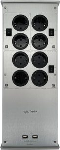 Netzfilter Taga Harmony PC-8000DC Silber, Vorderansicht, 8 runde Steckdosen, 3 Schalter, 2 USB-Anschlüsse