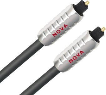 Două cabluri optice Toslink Wireworld Nova negre cu capete gri, fotografiate din profil pe un fundal alb