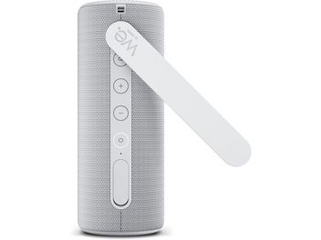 Coluna Bluetooth portátil Loewe We. HEAR 2 cinzento-claro, vista frontal, formato cilíndrico com correia integrada