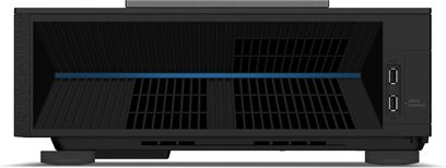 Benq V6050 videoprojektor, set forfra, sort farve, ventilationsgitre, centreret linse, blå stribe, tilslutningsporte