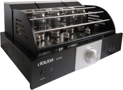 Jolida JD505 buizen hi-fi versterker, zwart chassis, 8 zichtbare buizen, blauwe display, zilveren knop