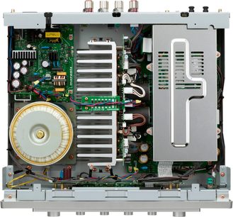 Marantz Model 40n silver stereo hi-fi amplifier, interior view of electronic components printed circuit boards toroidal transformer heat sink