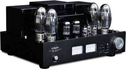 Line Magnetic LM-150IA sort rørforstærker, frontvisning, 6 vakuumrør, knapper og stik på forsiden