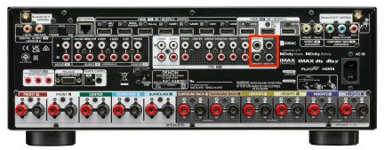 Rear view of audio-video amplifier: HDMI, audio, video, network, antenna, speakers, power connections