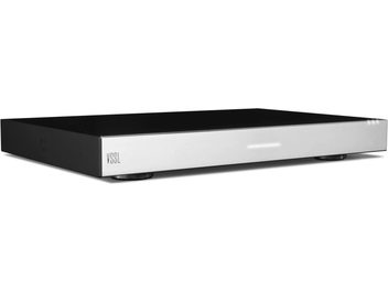 VSSL A.3 black stereo hi-fi amplifier, front view, elongated rectangular shape, silver front panel with embossed "VSSL" logo