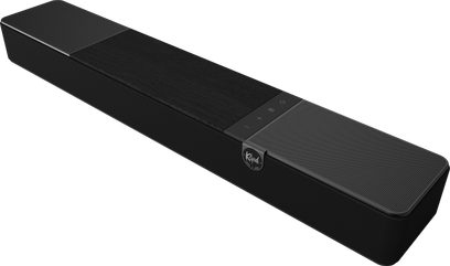 Černý soundbar Klipsch Flexus Core 100 v šikmém pohledu, přední textilní mřížka a šedý bok s dotykovým ovládáním