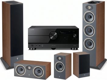 Комплект домашнього кінотеатру Yamaha RX-A4A з п’ятьма колонками Focal у горіховому оздобленні та сірими передніми панелями