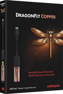 Caixa do conversor de áudio portátil AudioQuest DragonFly Copper preta com libélula cor de cobre e DAC USB rosa cobre