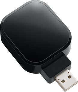 Lesklý černý USB WiFi adaptér obdélníkového zaobleného tvaru se stříbrným USB portem na jedné kratší straně