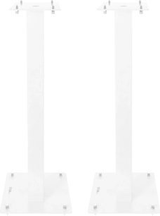 Enova HIFI MAJESTY 80 WH, pohled zepředu, 2 bílé stojany na reproduktory, čtvercová základna, svislé tyče, viditelné kovové šrouby