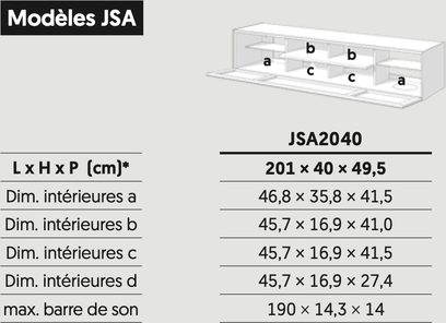 TV-møbel Just By Spectral Alpha JSA2040 hvid, set forfra, med dimensioner i cm: L 201 x H 40 x D 49,5