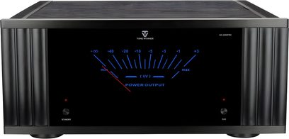 Sort hi-fi effektforstærker Tonewinner AD2500 PRO, stort centralt blåt VU-meter og rillet aluminiumsfront