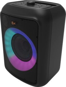 Boxa Klipsch GIG XL neagră, vedere frontală, cu grilă circulară multicoloră în centru și logo-ul Klipsch portocaliu în partea de sus