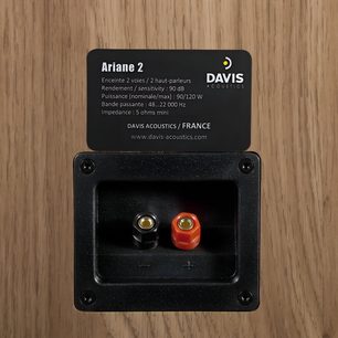 Задна гледка на високоговорител Davis Acoustics Ariane 2 в светъл цвят, с етикет и вградени червено/черни клемни блокове