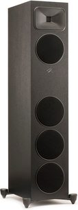 Reproduktorová věž MartinLogan Foundation F1 v matné černé barvě, pohled zepředu, 4 kruhové reproduktory svisle zarovnané