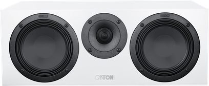 Κεντρικό ηχείο Canton GLE 50 Center S2 λευκό, οριζόντια πρόσοψη με δύο μαύρα woofers που πλαισιώνουν ένα κεντρικό tweeter
