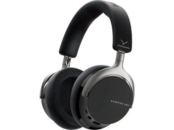 Cuffie hi-fi Beyerdynamic Aventho 200 nere, vista a 3/4, struttura in metallo, cuscinetti in similpelle, padiglioni chiusi con fori