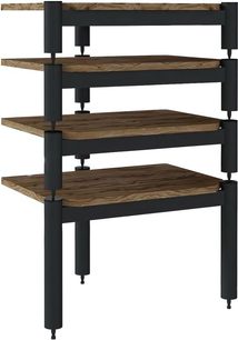Mobile Hi-Fi De Conti APICEM, struttura in metallo nero, 4 ripiani in legno scuro rettangolari, stile minimalista