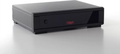 Rega Fono MM MK5 sort phono-forforstærker, flad rektangulær kabinet, front med rød "REGA" LED, set forfra