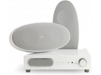 Enceinte ovale blanche et amplificateur blanc rectangulaire Focal Super Bird Pack 2.1 blanc, vus de face