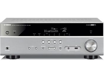 Yamaha RX-V481 surround receiver i titanium set forfra, børstet aluminiumsfront, display, knapper og stik
