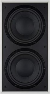 Vestavný subwoofer Bowers & Wilkins ISW4, černý, dva nad sebou umístěné kulaté woofery, šedý kovový rámeček, pohled zepředu