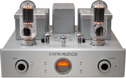 Consonance Linear 845 25th Anniversary hi-fi rørvakuumforstærker, frontvisning, to rør, knapper og stik på forsiden, grå kabinet