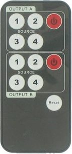 Czarny pilot z 8 białymi przyciskami numerycznymi od 1 do 4 dla źródeł i wyjść A i B, 2 czerwonymi przyciskami i 1 przyciskiem "Reset"