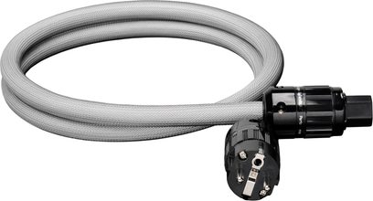 GigaWatt PowerSync Netzkabel, graues Geflecht, mit schwarzem Schuko-Stecker und IEC-Steckverbinder