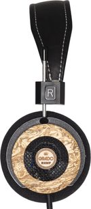 Åpen hi-fi hodetelefon Grado Hemp, sidevisning, høyre sirkulær øreklokke, lyst tre, svart sentral grill, svart hodebøyle