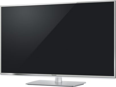 Panasonic TX-L50ET60E fladskærms-TV, sort skærm slukket på sølvfarvet metalstativ, set forfra