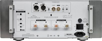 Ενισχυτής Parasound JC 1+ ασημί, πίσω όψη, άνω όψη. Ακουστικές συνδέσεις, επιλογείς, διακόπτες, πρίζες ρεύματος