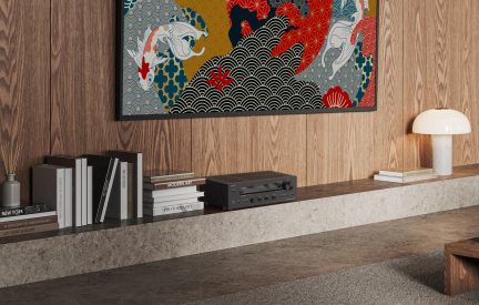 Amplificatore hi-fi nero su mobile basso, circondato da libri e lampada bianca in un soggiorno con parete in legno
