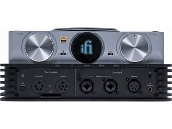 Preamplificatore per cuffie hi-fi iCAN PHANTOM, vista frontale, chassis grigio, 2 grandi manopole metalliche, schermo centrale luminoso, connettività varia