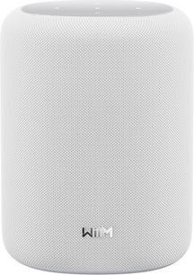 WiiM Sound Lite witte cilindrische slimme luidspreker met geweven stof en subtiele touchbediening bovenop
