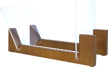 Nábytek a úložný prostor pro gramofon Enova HIFI VR 40 WP s dřevěnou konstrukcí v hnědé barvě a průhlednými bočními podpěrami z akrylu