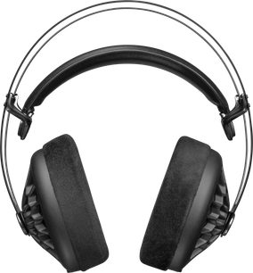 Otwarty przewodowy słuchawki hi-fi Meze Audio 105 AER, widok z przodu, czarny pałąk, grube nauszniki, metalowa czarna konstrukcja