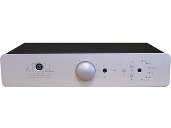 Atoll Electronique PR100SE silver stereo preamplifier, front panel with rotary knob, headphone jack, and illuminated indicators