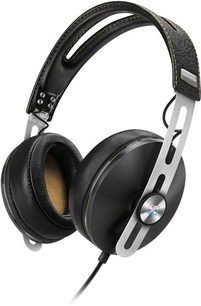 Åbent hi-fi hovedsæt Sennheiser MOMENTUM M2 AEG sort, set fra venstre profil, ørepuder og hovedbøjle i læder, sølvfarvede metaldele