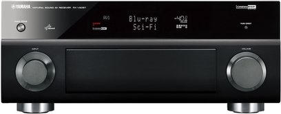 Yamaha RX-V2067 sort audio-/videoreceiver, set forfra, blå skærm, sølvfarvede knapper og drejeknapper