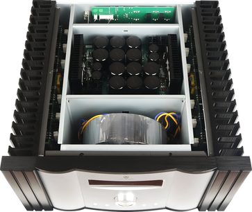 Tonewinner AD2 Pro stereoforstærker med transistorer + indvendigt set fra oven, ringkernetransformator og sorte kondensatorer