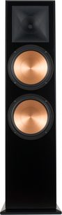 Klipsch RF-7 III siyah kolon hoparlör, ön görünüm, dikdörtgen siyah kasada iki bakır renkli yuvarlak hoparlör